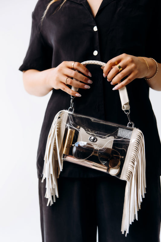 Clear Fringe Crossbody in taupe - Margo Paige